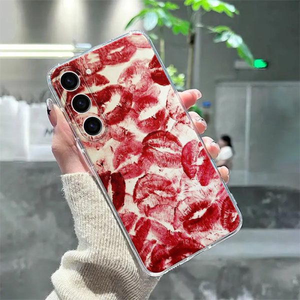 Red Lip Print High-end Pattern Suitable for Samsung Series A54/A53/A52(A52S Universal /A34(5G)A32(5G) /A14(5G)/A13 5G /A12/A04S/S10+/S21/S21U/S21+/S22/S22+/S22U/S23/S23+/S23U and S24 Series A15/A35(5G)/A55(5G) Transparent Edge Trendy Mobile Phone Case - Image 4