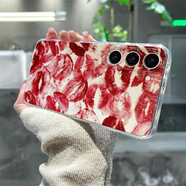 Red Lip Print High-end Pattern Suitable for Samsung Series A54/A53/A52(A52S Universal /A34(5G)A32(5G) /A14(5G)/A13 5G /A12/A04S/S10+/S21/S21U/S21+/S22/S22+/S22U/S23/S23+/S23U and S24 Series A15/A35(5G)/A55(5G) Transparent Edge Trendy Mobile Phone Case - Image 2