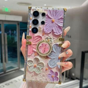 for Samsung Galaxy S25 Ultra/S24 Ultra/S23 Ultra/S22 Ultra/S25 Plus/S24 Plus/S23+/S22+/S25/S24/S23/S22 Color vintage oil painting flower laser phone case Ring bracket Elegant butterflies for cute and cute girls and ladies