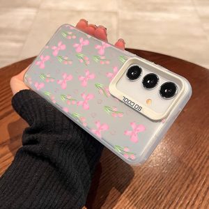 Case for Samsung S25 Plus S24 Ultra S23 S22 + Ribbon Tulips Pattern Matte Shockproof Anti-Scratch Stylish Smartphone Cover Gift